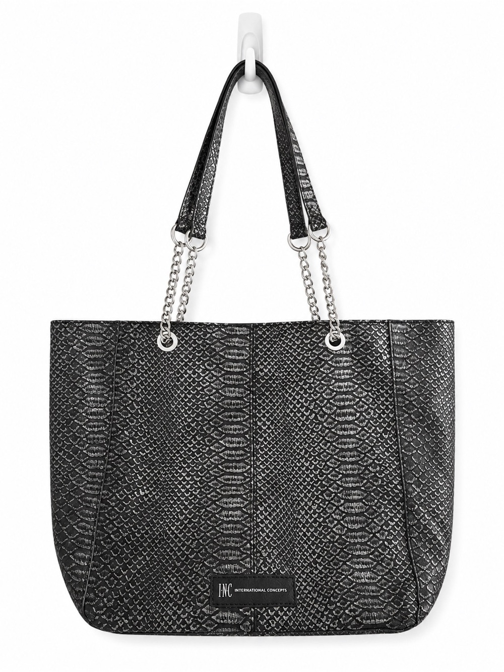 INC International Concepts Black Gray Snake-Embossed Tote with Chain Handles